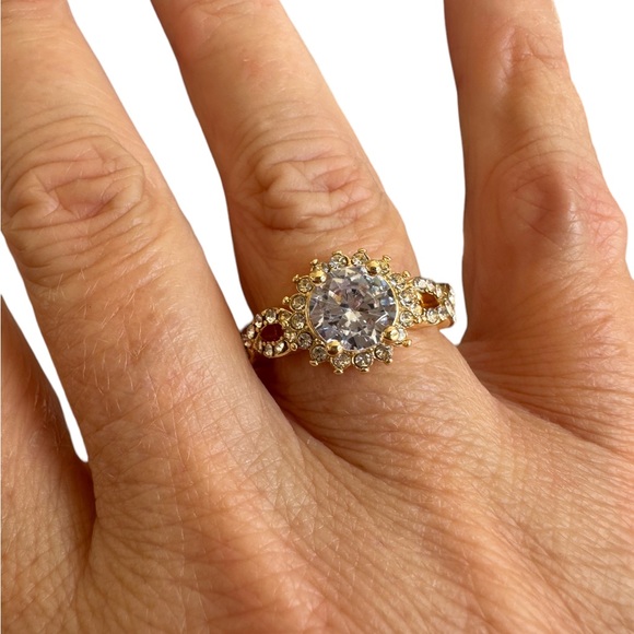 Round Cubic Zirconia with Diamond Accented Gold Ring - Picture 3 of 10